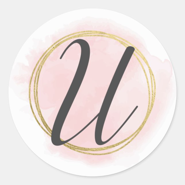 Sticker Rond Lettre U Monogram Blush Pink Aquarelle or chic (Devant)