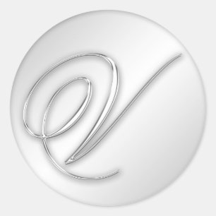 Sticker Rond Lettre V script initial faux argent monogramme fav