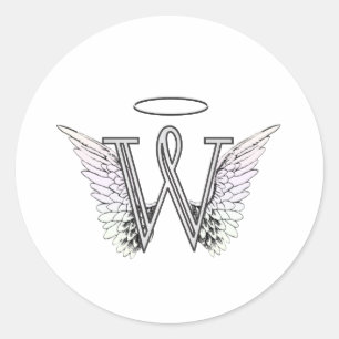 Sticker Rond Lettre W Monogramme initial avec ailes angéliques