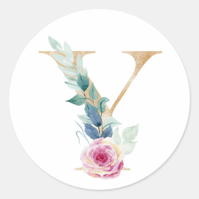 Sticker Rond Lettre Y aquarelle avec des roses (Devant)
