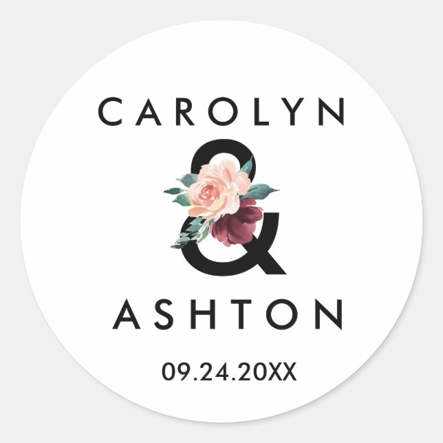 Sticker Rond Lettres de fleurs | Maroon Mariage Enveloppe sceau (Devant)