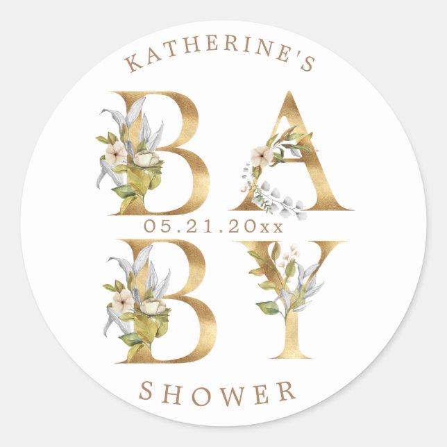 Sticker Rond lettres florales or baby shower monogramme classiq (Devant)