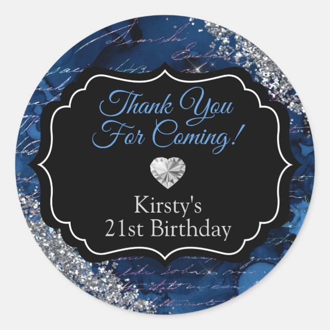 Sticker Rond Lettres Sirène Bleue Merci Parties scintillant Arg (Devant)