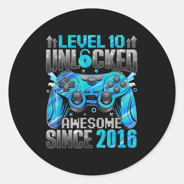 Sticker Rond Level 10 Unlocked Awesome Since 2016 10th Birthday (Devant)
