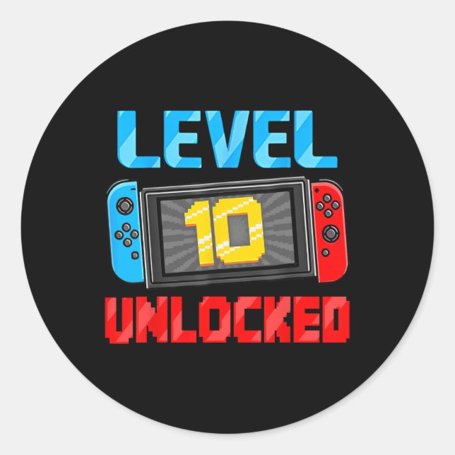 Sticker Rond Level 10 Unlocked Gamer 10th Birthday Gift Video G (Devant)