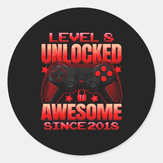 Sticker Rond Level 8 Unlocked 8 Year Old For Boys 8th Birthday  (Devant)