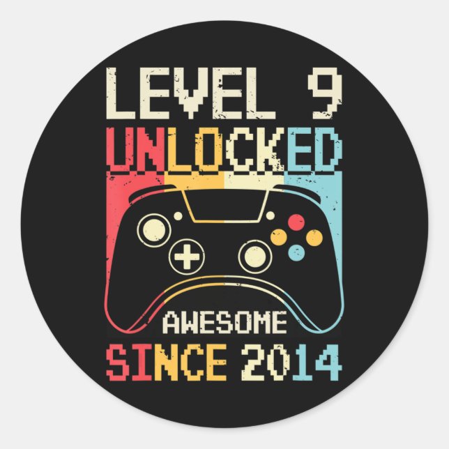 Sticker Rond Level 9 Video Game 9th Birthday Gamer Boy (Devant)