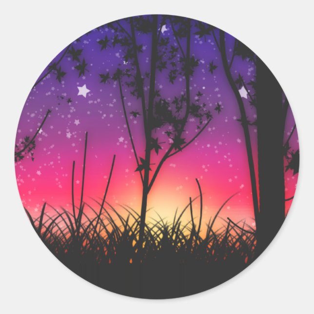 Sticker Rond Lever de soleil bleu violet rose (Devant)