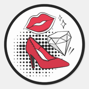 Sticker Rond Levier Baiser Rouge Haut talons Diamant Glam moder