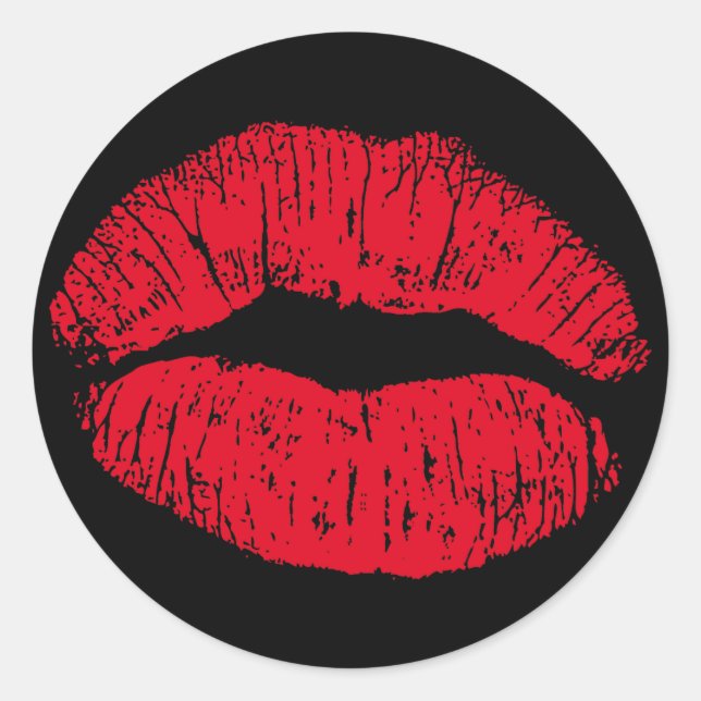 Sticker Rond Lèvres de baiser rouge sur noir (Devant)