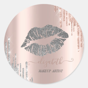 Sticker Rond Lèvres Modérées Pailletées, Gouttes de Rose Doré A