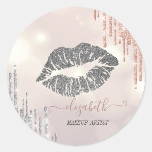 Sticker Rond Lèvres Pailletées, Dégoulinades Argent Or Rose Bok