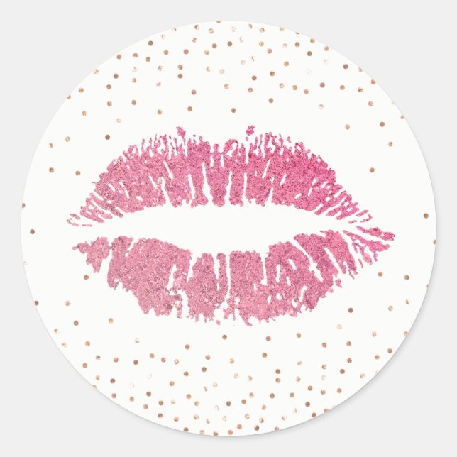 Sticker Rond Lèvres roses chaudes Confetti Rose d'or moderne (Devant)
