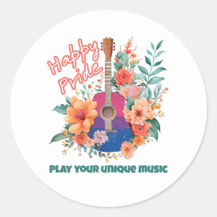 Sticker Rond LGBTQ Happy Pride, Guitare Rétro & Fleurs, Bi