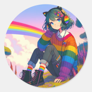 Sticker Rond LGBTQIA+ Anime Girl Lesbian Pride
