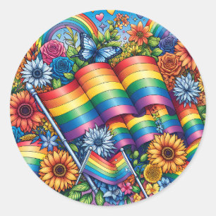 Sticker Rond LGBTQIA+ Drapeaux de fierté, Arcs-en-ciel, Fleurs