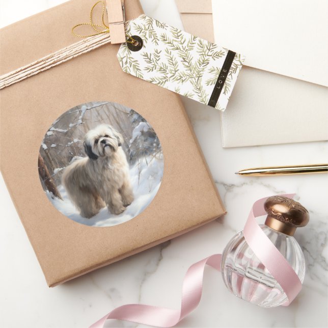 Sticker Rond Lhassa Apso Laisse Neige Noël (Cadeaux)