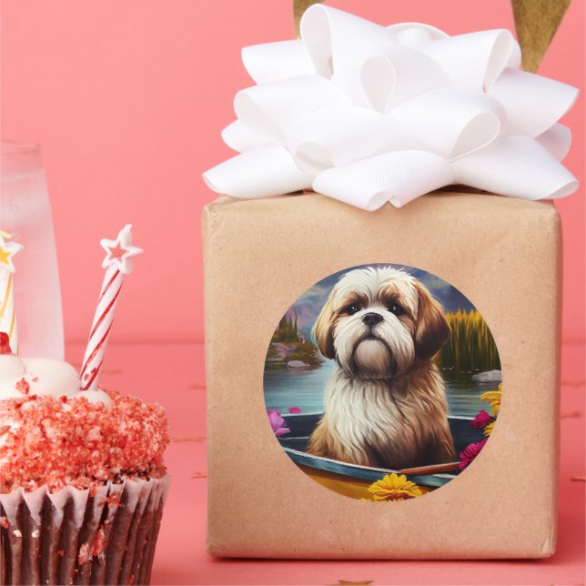 Sticker Rond Lhassa Apso sur une rame : une aventure Pittoresqu (Fête)