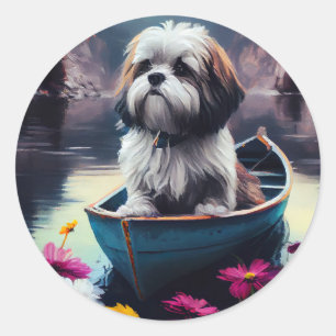 Sticker Rond Lhassa Apso sur une rame : une aventure Pittoresqu