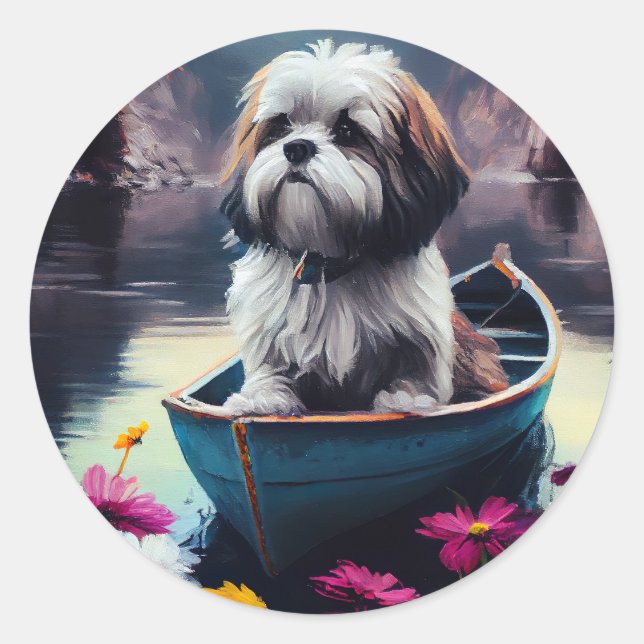 Sticker Rond Lhassa Apso sur une rame : une aventure Pittoresqu (Devant)