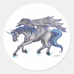 Sticker Rond licorne à ailes noire et bleue
