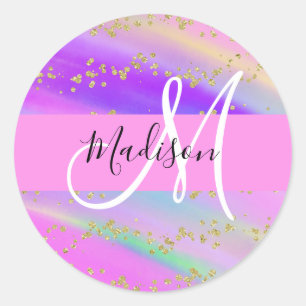 Sticker Rond Licorne Arc-en-ciel Doré Paillettes Monogramme Col