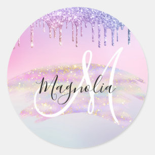 Sticker Rond Licorne arc-en-ciel ombrée pailletée rose monogram