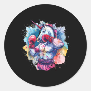 Sticker Rond Licorne Boxeur Avec Gants De Boxe Kickboxing Drôle