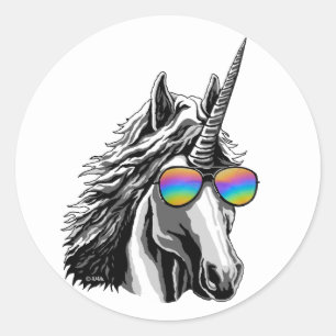 Sticker Rond licorne cool avec lunettes de soleil arc-en-ciel
