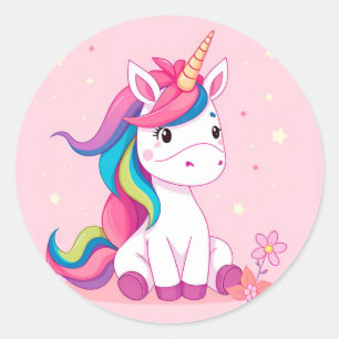 Sticker Rond 🦄 Licorne de dessin animé Crinière arc-en-ciel Fa