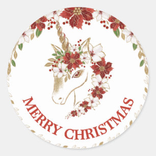 Sticker Rond Licorne de Noël or et rouge & poinsettia