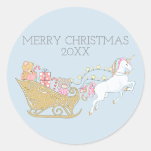 Sticker Rond Licorne de Noël pastel au traîneau du Père Noël Bl