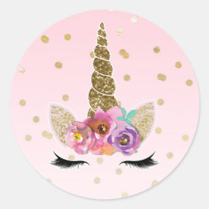 Sticker Rond Licorne Fleurie Corne en Or Rose Faveur de Fête d'