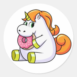Sticker Rond Licorne mangeant l'autocollant de beignet