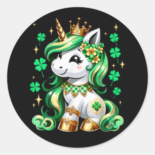 Sticker Rond Licorne mignonne Trèfle Saint-Patrick 