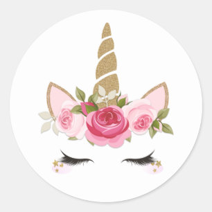 Sticker Rond Licorne Or Fleur Rose Mignon Branché Classique Ron