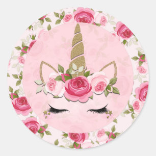 Sticker Rond Licorne Or Rose Floral Roses Mignon Branché