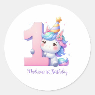 Sticker Rond Licorne Personnalisée 1er Anniversaire Filles