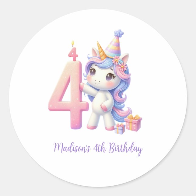 Sticker Rond Licorne personnalisée 4ème anniversaire des filles (Devant)