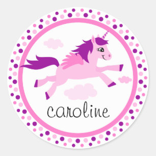 Sticker Rond licorne rose avec ailes nom personnalisé