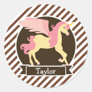 Sticker Rond Licorne rose et jaune d'imaginaire ; Rayures