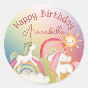 Sticker Rond Licornes Mignonnes sur un Arc-en-Ciel