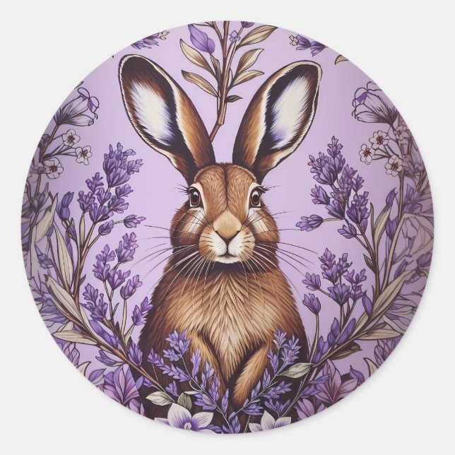 Sticker Rond Lièvre mignon Avec Lavender William Morris Inspiré (Devant)