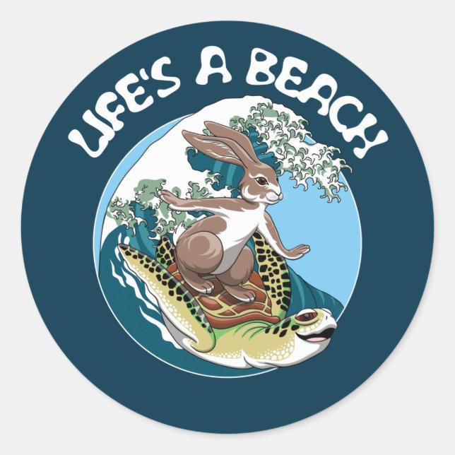 Sticker Rond Life is a Beach - Rabbit and Turtle Surfing (Devant)