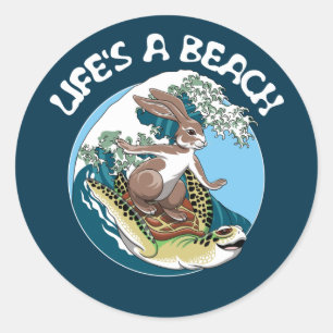 Sticker Rond Life is a Beach - Rabbit and Turtle Surfing