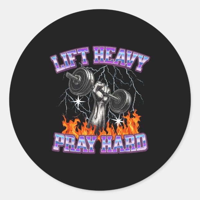 Sticker Rond Lift Heavy Pray Hard Gym Christian Workout Men Wom (Devant)