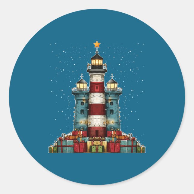Sticker Rond Lighthouse Seaside Christmas Tree Xmas Long Sleeve (Devant)