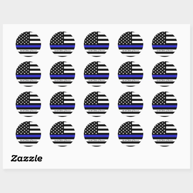 Sticker Rond Ligne Bleue Mince & Police américaine du Drapeau / (Feuille)