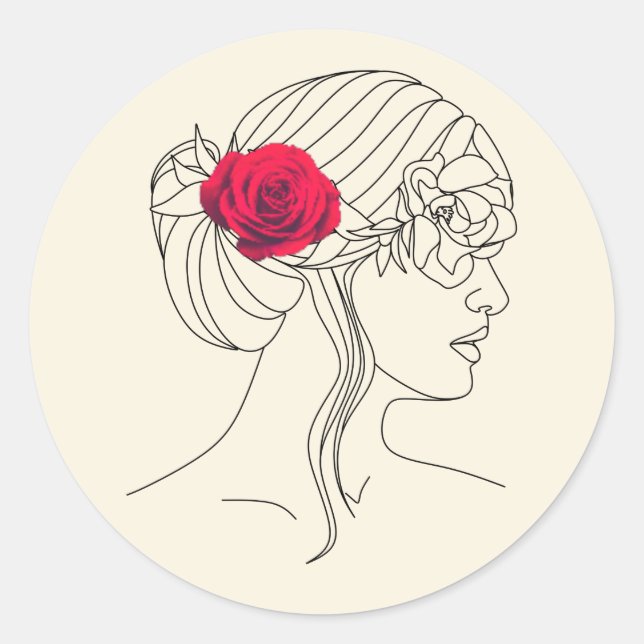 Sticker Rond Ligne continue femme avec Rose rouge sur les cheve (Devant)