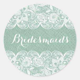 Sticker Rond Ligne Faux Vert Mint Dentelle Florale Blanche
